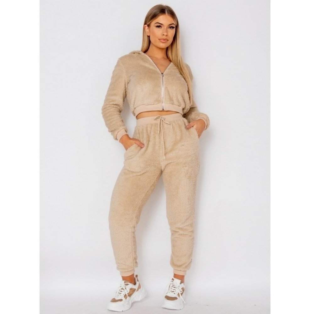 Beige Teddy Bear Fur Long Sleeve Hooded Crop Top and Jogger Pants Two Piece Set - Picture 9 of 11